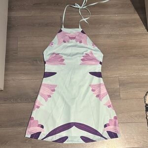 Floral Halter Mini Dress in Mint and Pink/purple